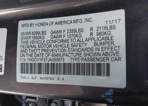 2018 Honda Accord Ex-L z USA, uszkodzony, nr VIN 1HGCV1F57JA055873